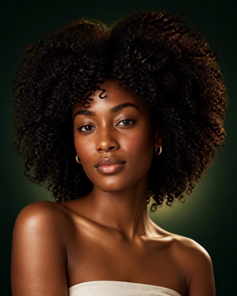 Femme aux cheveux crépus magnifiés, fond vert profond